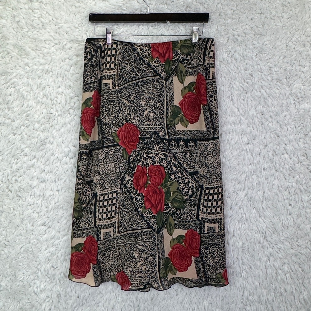 Cami International Rose Floral Midi Skirt‎ Size 14 Black Red Whimsygoth Goth 90s